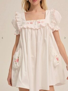 For Love and Lemons Tea Time Babydoll Mini Dress with Pink Floral Embroidery